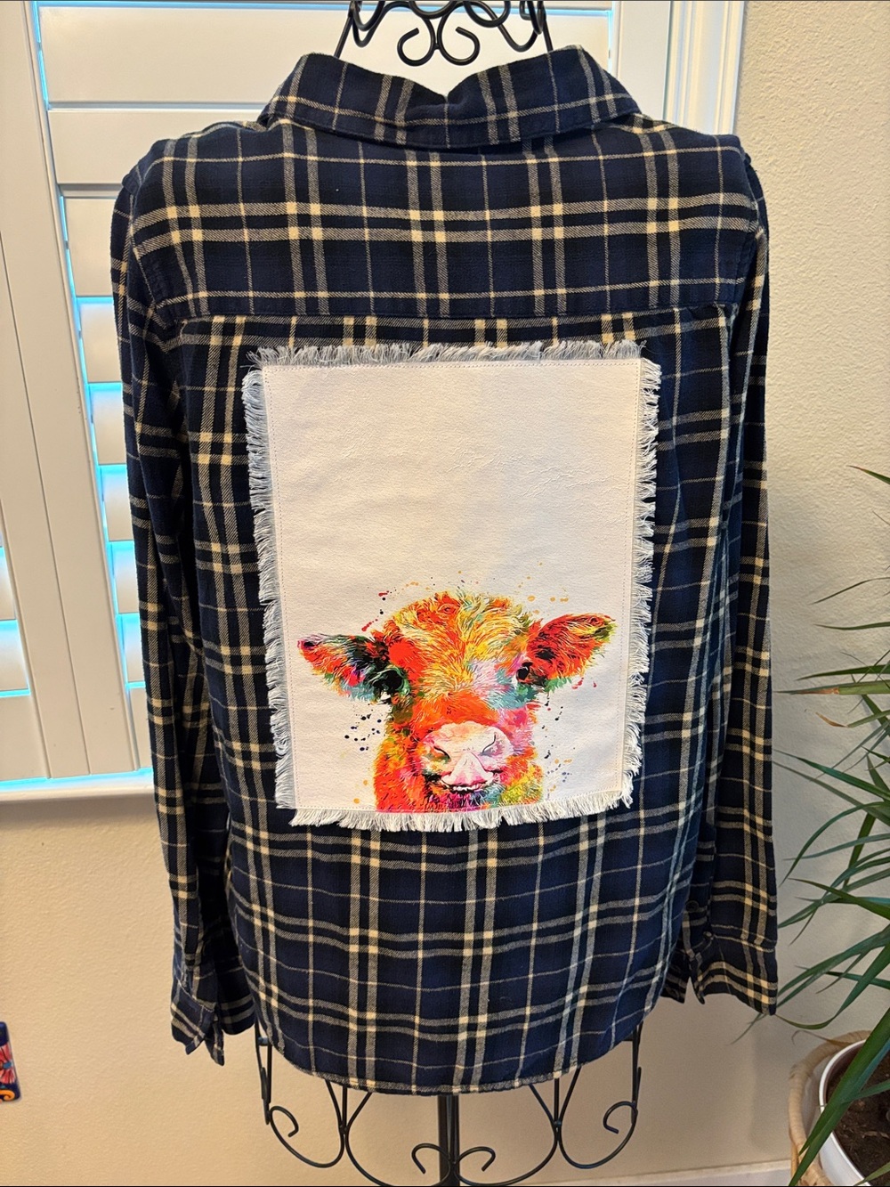 Handmade one of a kind distressed Plaid Flannel with Colorful Cow Patch